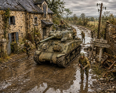 Sherman Tank Advance Through Normandy Village