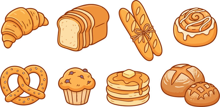 8 Piece Bakery Bread and Pastry Icon Set &mdash; Croissant Pretzel Muffin Pancake Baguette Cute Cartoon
