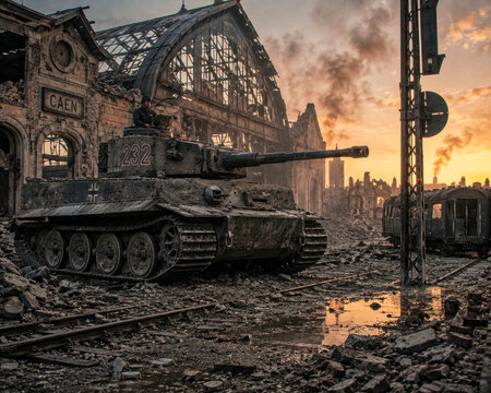 German Tiger Tank in the Devastated Rail Yard