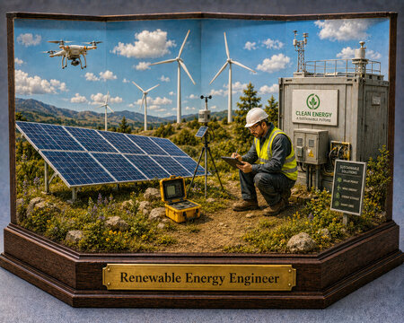 Renewable Energy Engineer Diorama with Solar and Wind Power