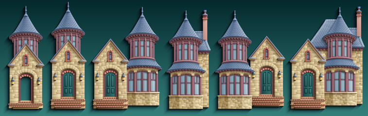 Set of separate victorian luxury mansions with turrets, stone facades and pointy roofs in paper cut style. Vector gothic house architectural collection on blue. © KTVector
