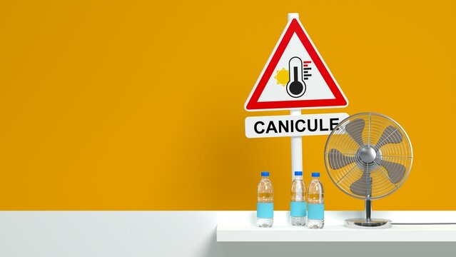 Panneau d'alerte canicule avec bouteilles d'eau et ventilateur sur fond jaune - rendu 3D