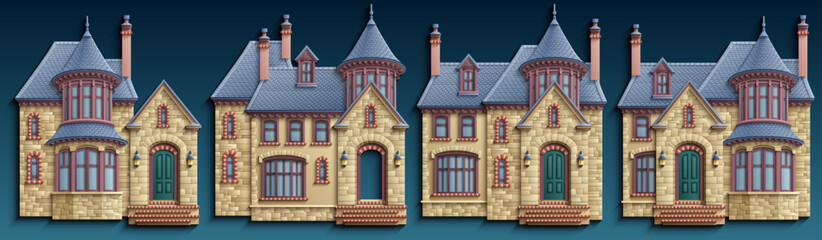 Set of separate victorian luxury mansions with turrets, stone facades and pointy roofs in paper cut style. Vector gothic house architectural collection on blue. © KTVector