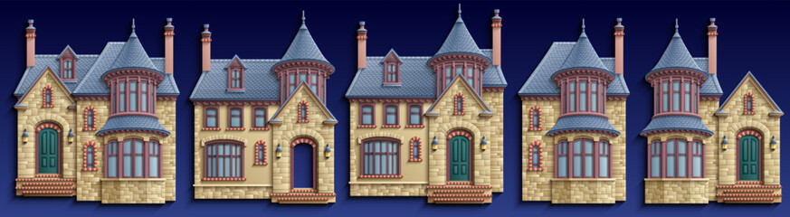Set of separate victorian luxury mansions with turrets, stone facades and pointy roofs in paper cut style. Vector gothic house architectural collection on blue. © KTVector