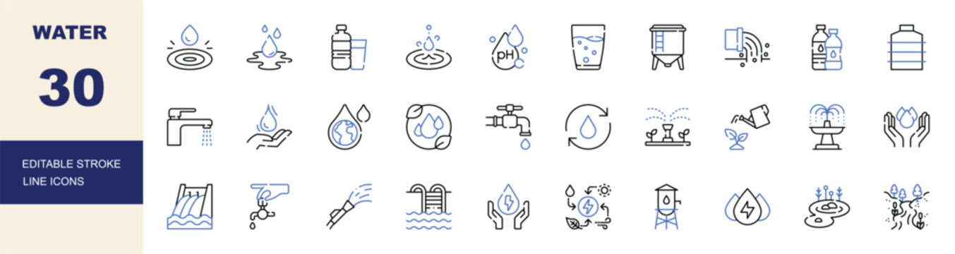 Water and Hydration Editable Stroke Line Icons Set. Water Drop, Faucet, Drinking Water, Fountain and Water Conservation Vector Illustration