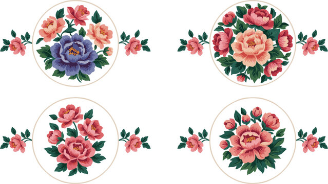 floral designs with peonies and leaves in circular frames on white