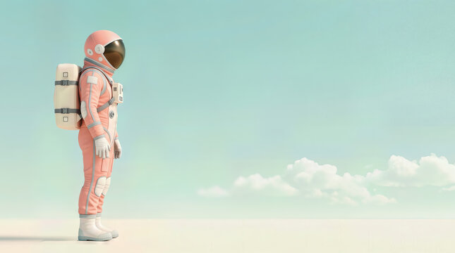 Astronaut in a pink spacesuit stands on a barren landscape under a clear sky with soft clouds, showcasing a futuristic design and space exploration theme
