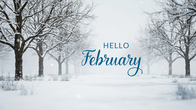 Hello february text with snow covered trees in a cold winter forest landscape