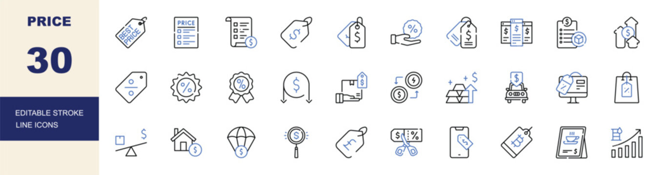 Price and Discount Editable Stroke Line Icons Set. Price Tag, Discount, Coupon, Sale and Pricing Vector Illustration