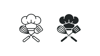 Chef hat with crossed whisk and spatula icons set for restaurant menu and bakery branding. © Nadir