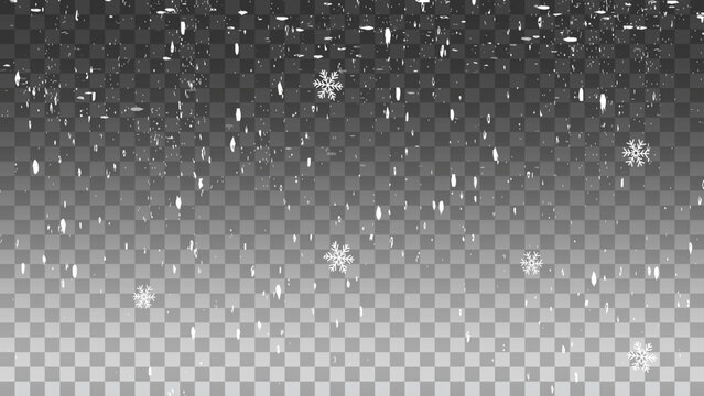 White snowflakes on a transparent background seamlessly looped. Snowfall, blizzard, realistic snow falls chaotically from top to bottom. Christmas background.