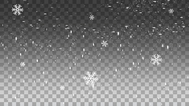 White snowflakes on a transparent background seamlessly looped. Snowfall, blizzard, realistic snow falls chaotically from top to bottom. Christmas background.
