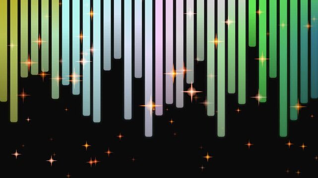 rainbow color falling bars with sparkles on black background