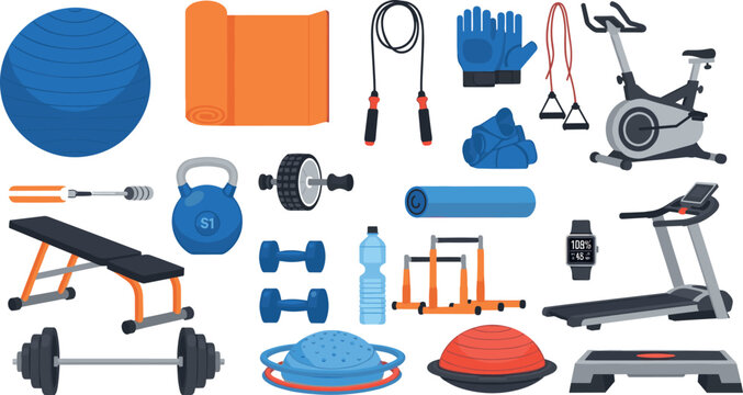 Home Gym Fitness and Workout Equipment Vector Set with Treadmill, Stationary Bike, Dumbbells, Barbells, Kettlebell, and Yoga Mat Isolated on White BackgroundHome Gym Fitness and Workout Equipment Vect