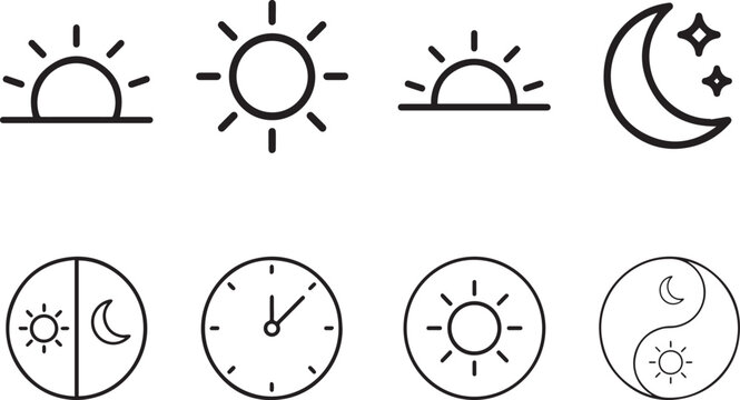 line icons of sun moon clock and time concepts