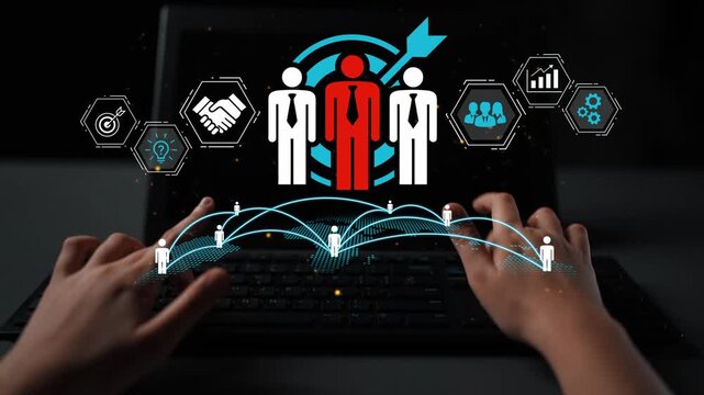 Red figure representing leadership in a digital workspace concept with icons of teamwork, strategy, and data analysis against a dark background Gluon.