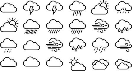 Obraz premium Weather Forecast Cloud Icon Vector Set with Outline Line Art Rain Thunderstorm Wind and Sun Elements