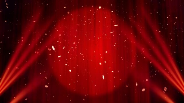 Red Theater Stage Curtain with Spotlights and Shiny Confetti Particles Background