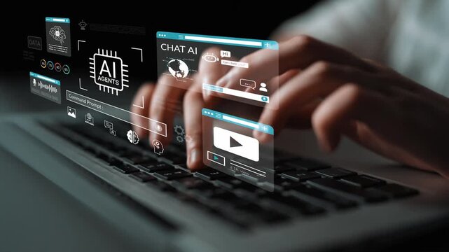 Hands typing on laptop with futuristic interface showcasing chat AI, digital agents, technology tools, and online communication concept Gluon.