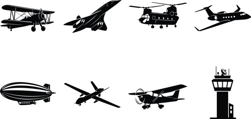 Aviation and aircraft black vector silhouette icons set featuring airplanes helicopter blimp and airport control tower © MstMahurun