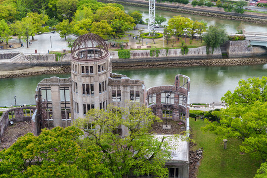 Overhead aerial view of the Atomic Bomb Dome in Hiroshima Japan
