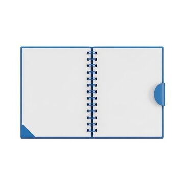 A blank spiral-bound notebook with blue accents and a corner tab.