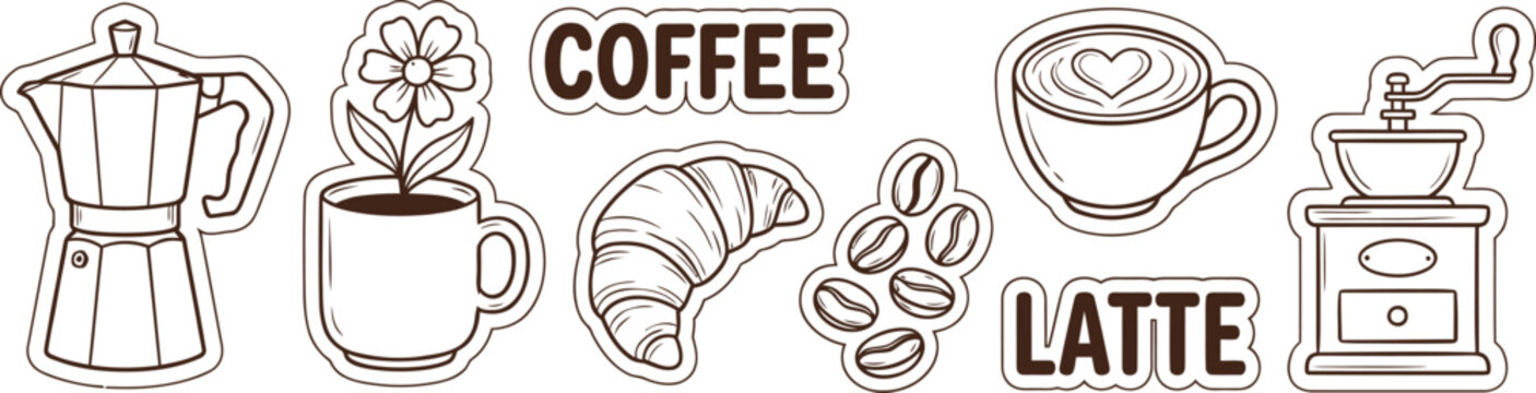 Black and white coffee and latte illustration with icons
