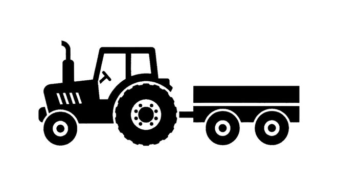 Minimal black silhouette icon, simple flat vector, bold black shape, no, no shading tractor with trailer on a, flat icon style