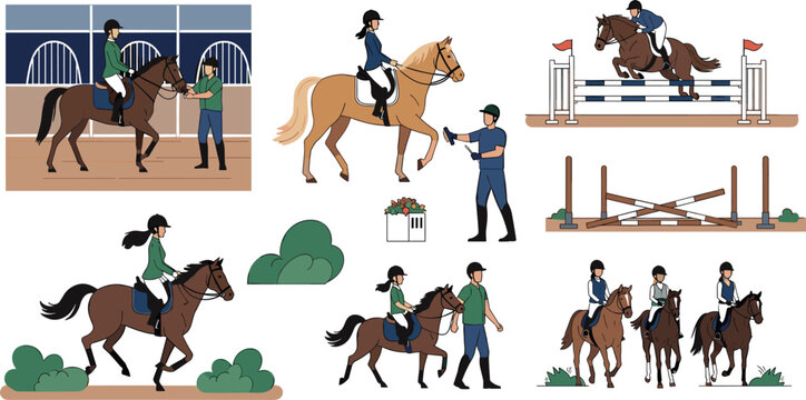 Equestrian Sports and Horse Riding Lesson Icon Set with Jockeys Jumping Hurdles, Training in Arena, and Grooming Isolated on White BackgroundEquestrian Sports and Horse Riding Lesson Icon Set with Joc