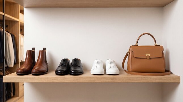 Stylish Shoes and Leather Handbag on Modern Wooden Shelf