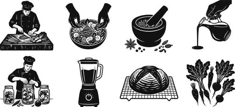 Cooking and healthy food preparation black vector icon set with chef slicing vegetables salad and blender