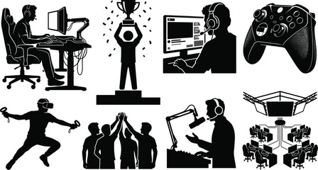 Esports and gaming black vector silhouette icons set featuring cyber athletes streamers controller and virtual reality © MstMahurun
