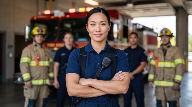 Female firefighter standing confidently in front of fire truck with male colleagues in uniforms, showcasing teamwork and dedication in a fire station environment