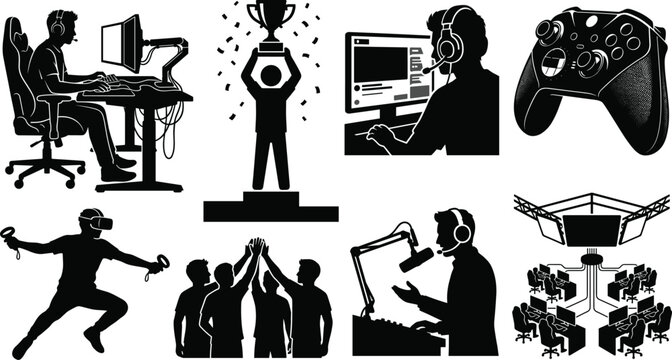 Esports and gaming black vector silhouette icons set featuring cyber athletes streamers controller and virtual reality