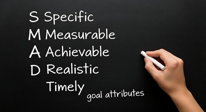 SMART goal attributes written on blackboard, hand holding chalk for business planning, specific measurable achievable realistic timely objectives