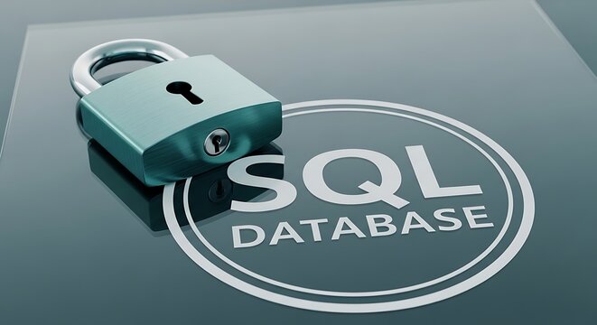 SQL database security concept with metal padlock, secure data storage management, encrypted server information protection for corporate network