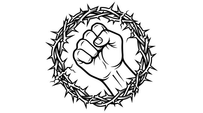 Fist surrounded by thorny crown symbol.