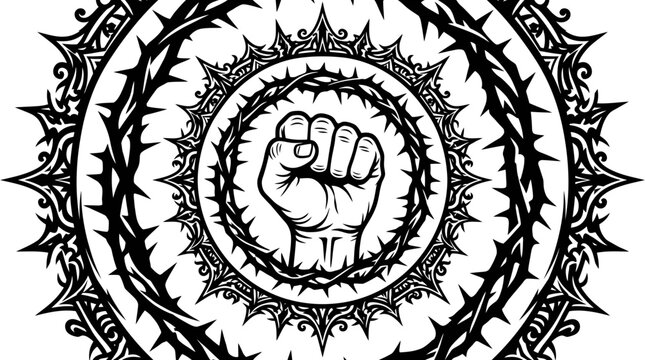 A clenched fist surrounded by barbed wire and thorns in a circular design.