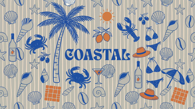 Colorful coastal lifestyle illustration with tropical elements