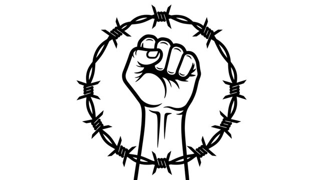 A raised fist surrounded by barbed wire.