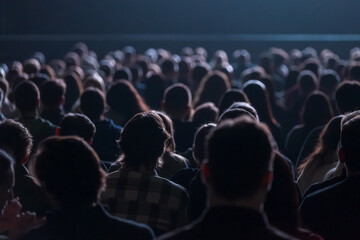 Fototapeta premium Large crowd seated in dim theater, silhouettes of heads filling rows, atmosphere of anticipation and focus.