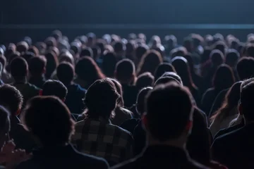 Large crowd seated in dim theater, silhouettes of heads filling rows, atmosphere of anticipation and focus. © Anton Gvozdikov