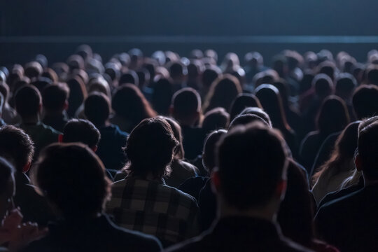 Large crowd seated in dim theater, silhouettes of heads filling rows, atmosphere of anticipation and focus.
