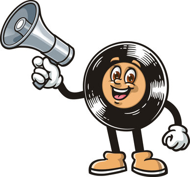 Cartoon mascot of a vinyl record holding a megaphone or loudspeaker