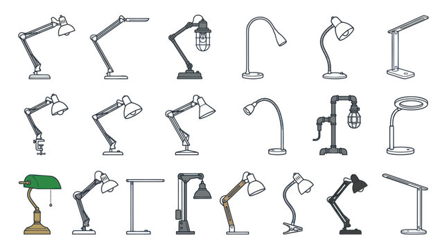 Collection of various desk lamps, illustration, different styles and designs