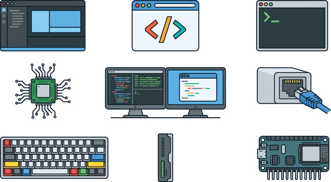 Software Development and Computer Programming Vector Icon Set with Code Windows Dual Monitors Microchip Keyboard Ethernet Cable and Microcontroller Elements