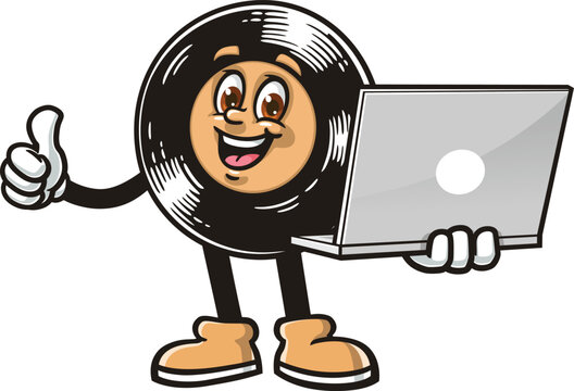 Cartoon mascot of vinyl record holding a laptop