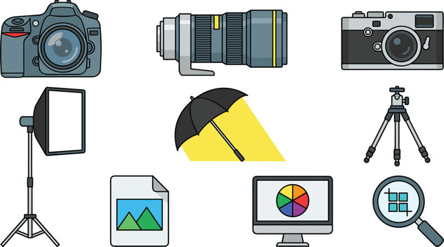 Photography and Studio Gear Vector Icon Set Featuring DSLR Camera, Telephoto Lens, Softbox, Tripod, Lighting Umbrella, and Digital Image Editing Elements