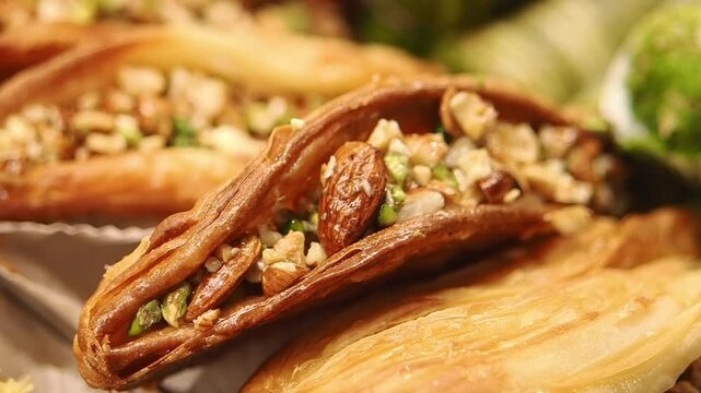 Close-up of Midye Baklava Filled with Nuts