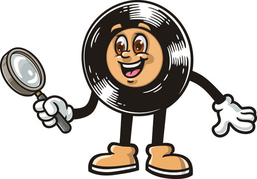 Cartoon mascot of a vinyl record holding a magnifying glass